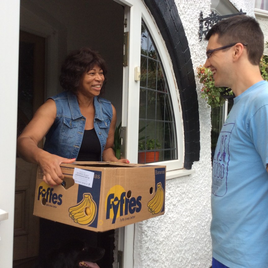 Marva receiving her 'Freegan Box'