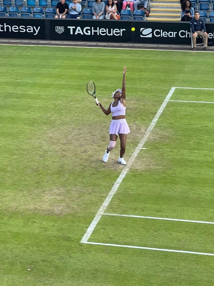 Serena Williams serves at the Priory